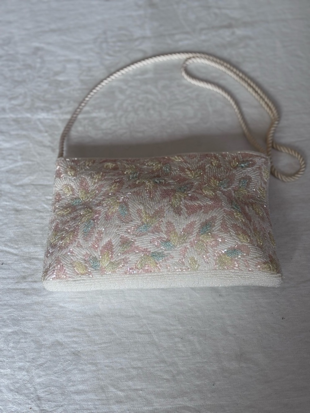 Vintage Henry Birks White Beaded Evening Clutch /Purse Pastel Floral Pattern